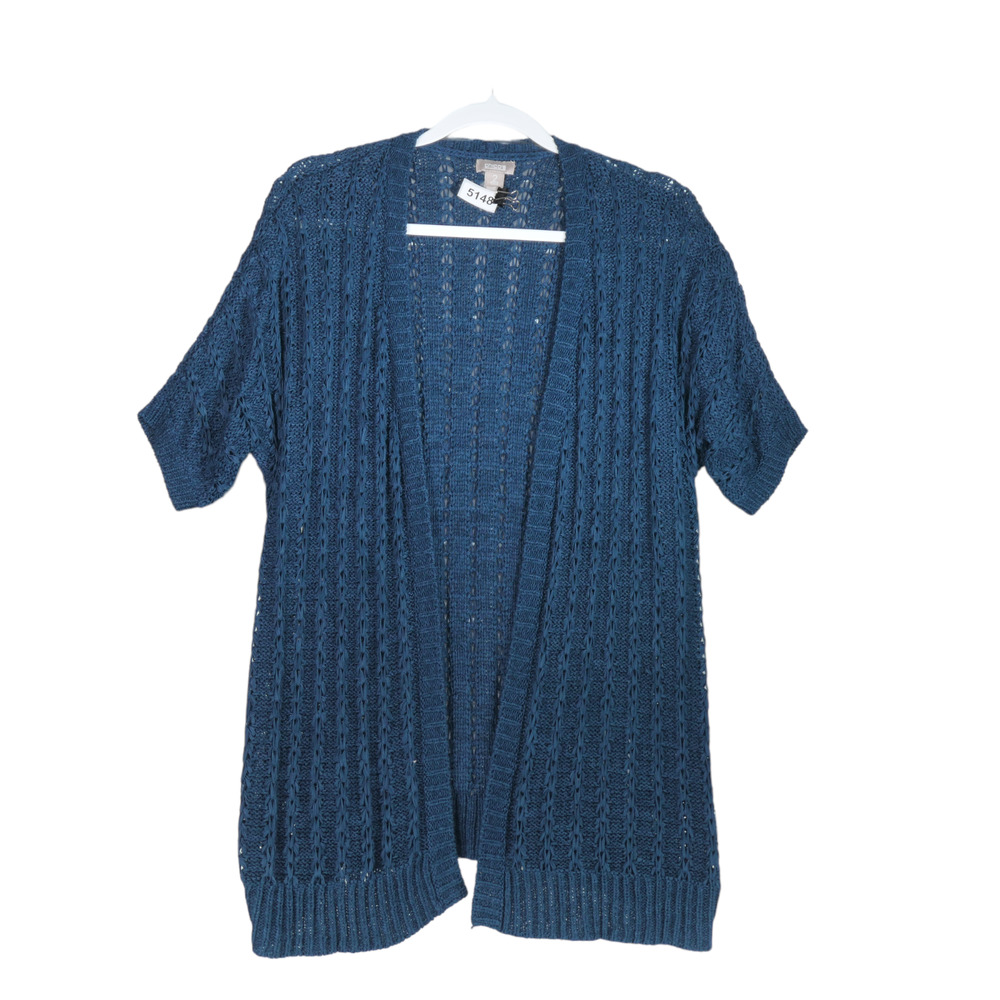Chicos Cardigan Sweater Womens Size 2 Large Blue Tunic Open Short Sleeve